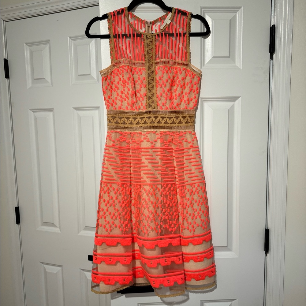 Jonathon Simkhai beige and neon knee length dress.
